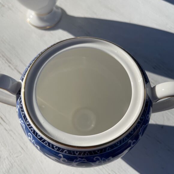 Wedgwood Blue Bokhara Coffee Pot with Gold Trim Sugar Bowl Creamer Set service - Picture 6 of 16